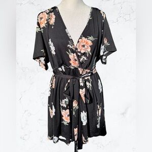 Women’s Soft Floral Wrap Romper Black Short Sleeve Belted V Neck Summer Dressy
